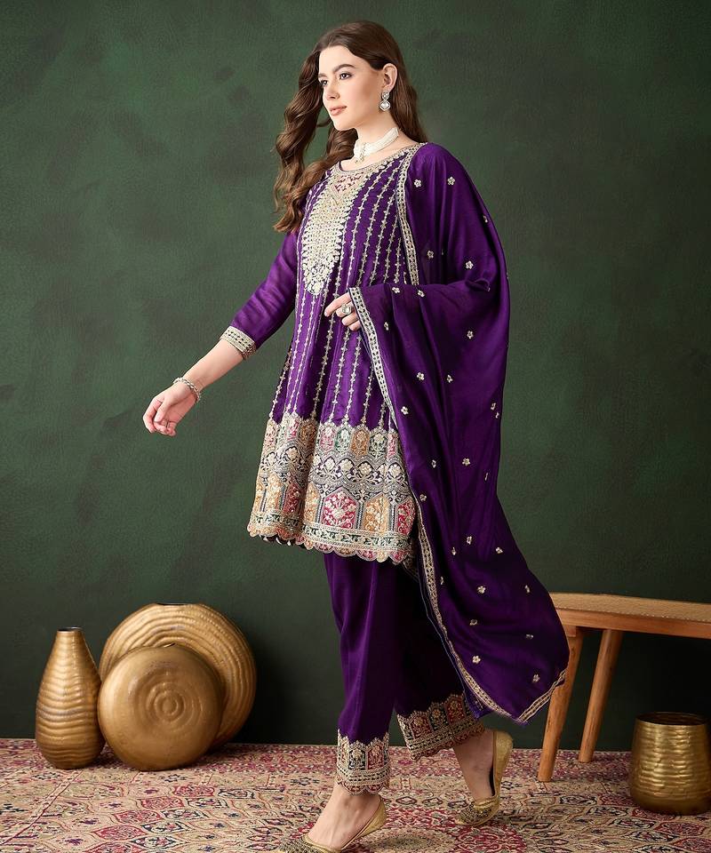 purple chinon   flared top with bottom & dupatta