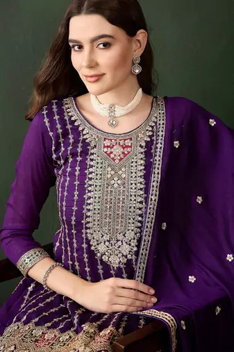 purple chinon  flared top with bottom & dupatta