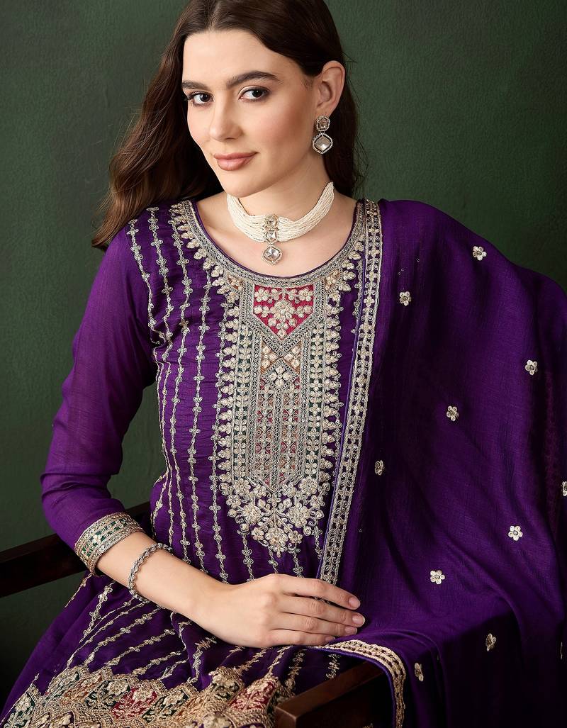 purple chinon   flared top with bottom & dupatta