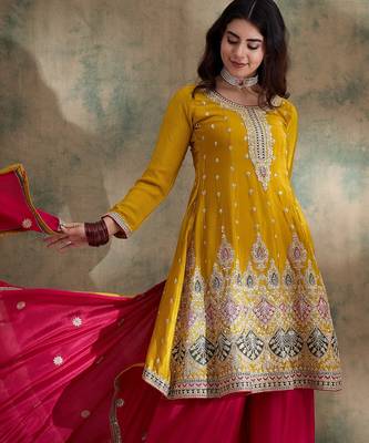 yellow chinon  flared top with bottom & dupatta 1