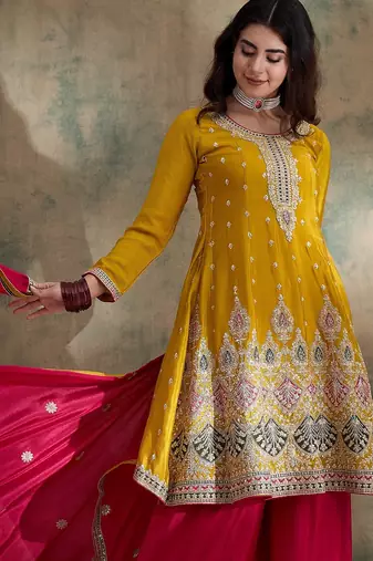 yellow chinon  flared top with bottom & dupatta