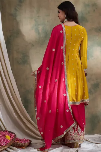 yellow chinon  flared top with bottom & dupatta