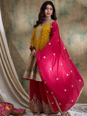 yellow chinon  flared top with bottom & dupatta 3