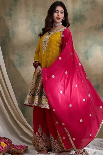 yellow chinon  flared top with bottom & dupatta