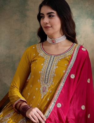 yellow chinon  flared top with bottom & dupatta 4