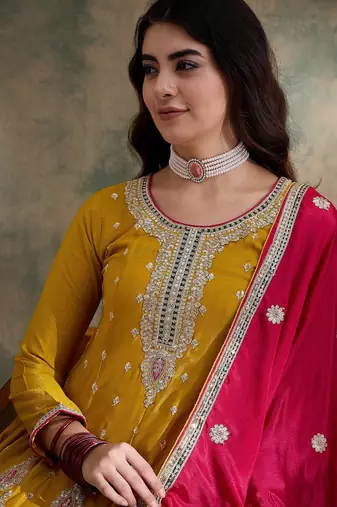 yellow chinon  flared top with bottom & dupatta