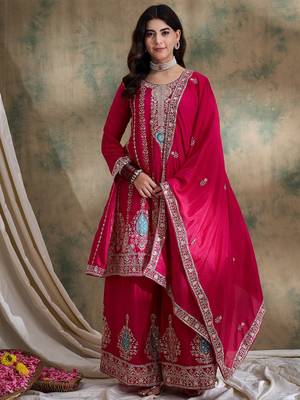 pink chinon  flared top with bottom & dupatta 1