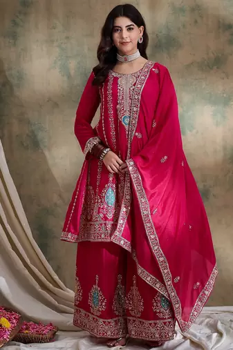 pink chinon   flared top with bottom & dupatta