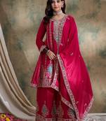 pink chinon  flared top with bottom & dupatta