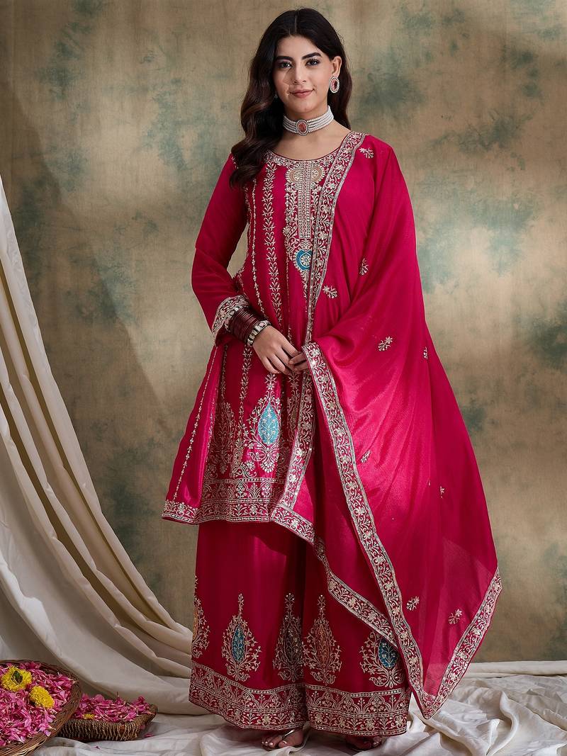 pink chinon   flared top with bottom & dupatta
