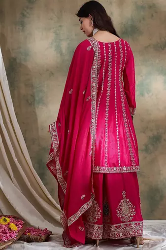 pink chinon  flared top with bottom & dupatta