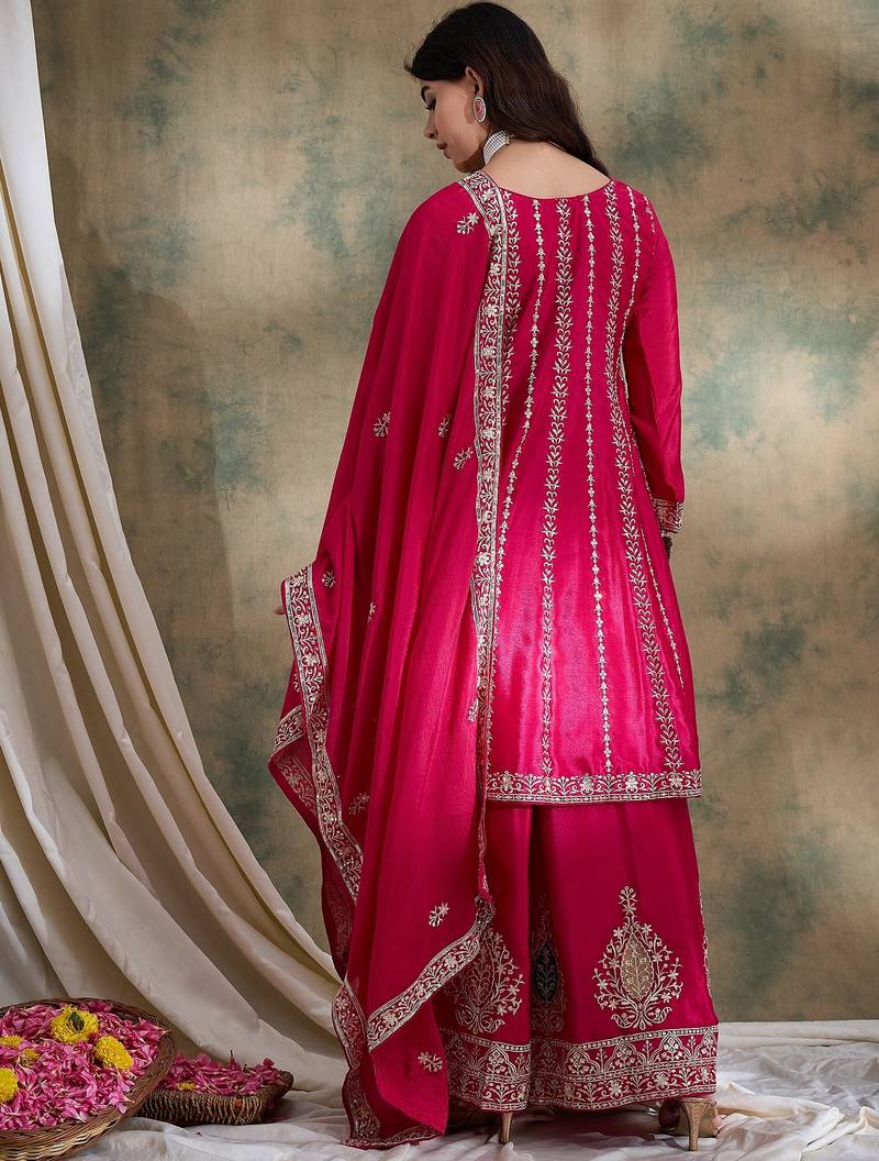 pink chinon   flared top with bottom & dupatta