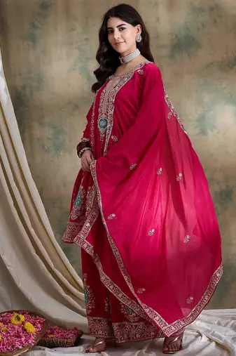 pink chinon  flared top with bottom & dupatta