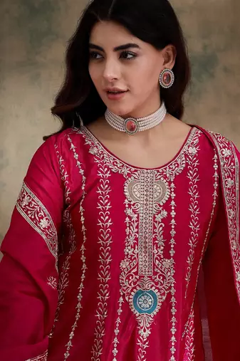pink chinon  flared top with bottom & dupatta