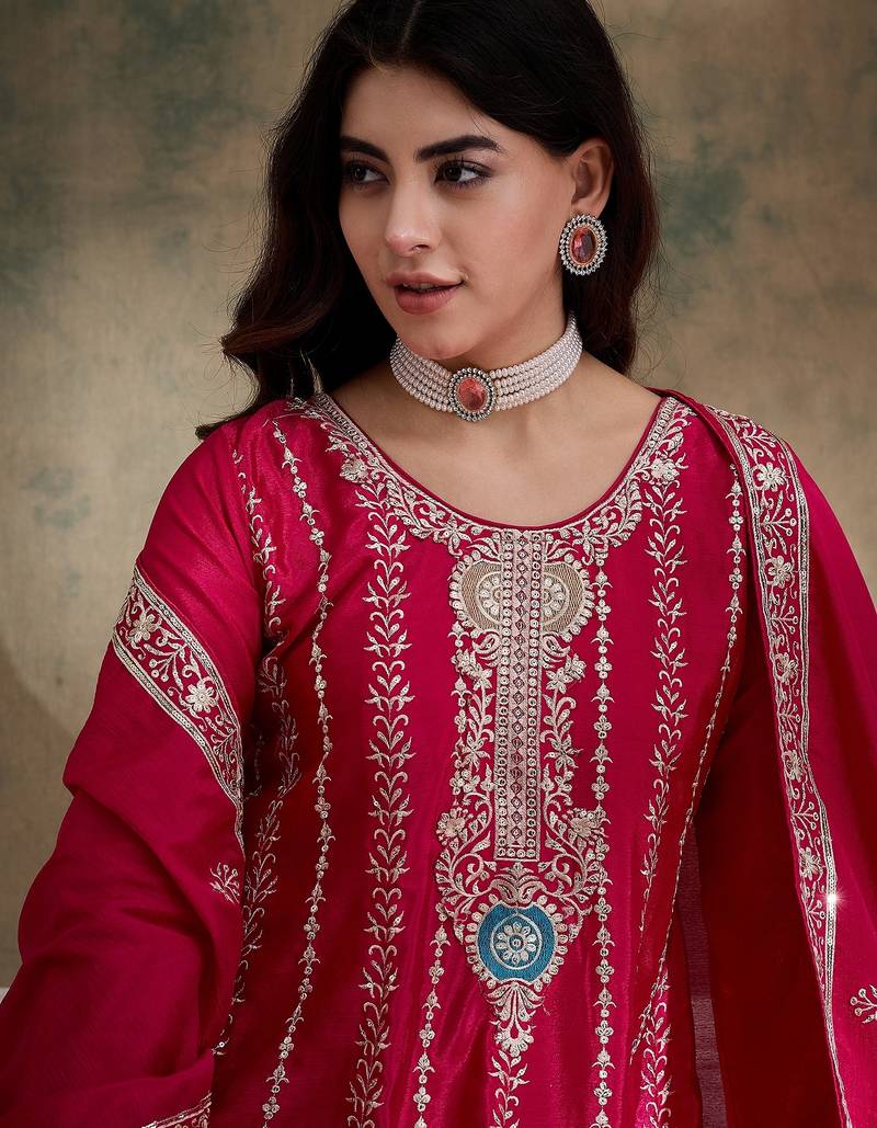 pink chinon   flared top with bottom & dupatta