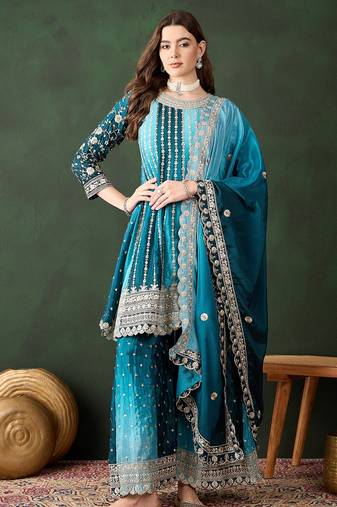 blue chinon  flared top with bottom & dupatta
