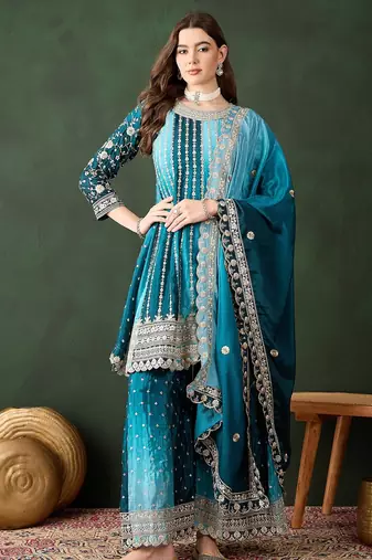 blue chinon  flared top with bottom & dupatta