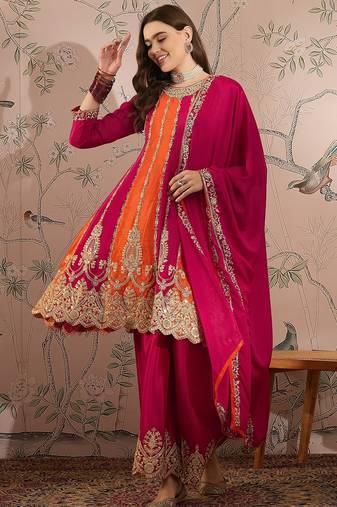 pink chinon flared top with bottom & dupatta