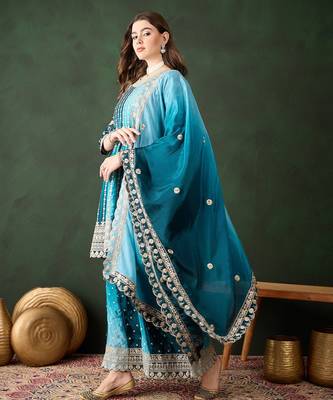 blue chinon embroidered flared salwar top with palazzo bottom & dupatta 3