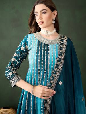 blue chinon embroidered flared salwar top with palazzo bottom & dupatta 4