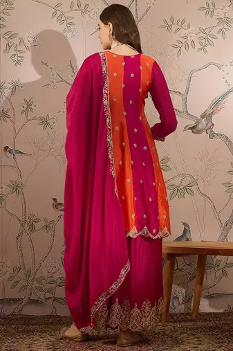 pink chinon flared top with bottom & dupatta
