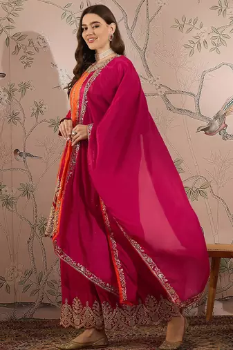 pink chinon flared top with bottom & dupatta