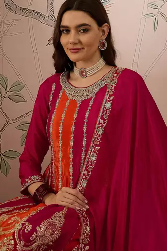 pink chinon flared top with bottom & dupatta