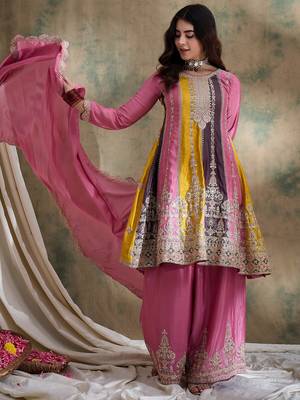 pink chinon  top with bottom and chinon dupatta 3/4 sleeve embroidered flared top 1