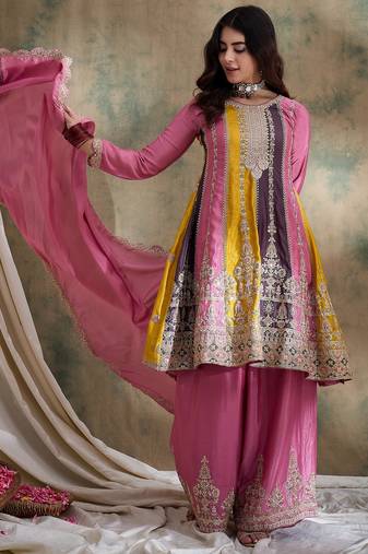 pink chinon   top with bottom and chinon dupatta 3/4 sleeve embroidered flared top