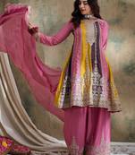 pink chinon  top with bottom and chinon dupatta 3/4 sleeve embroidered flared top