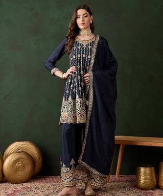 blue chinon  flared top with bottom & dupatta 1