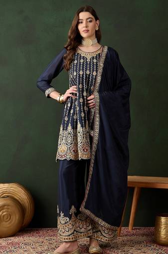 blue chinon  flared top with bottom & dupatta