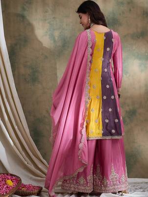 pink chinon  top with bottom and chinon dupatta 3/4 sleeve embroidered flared top 2