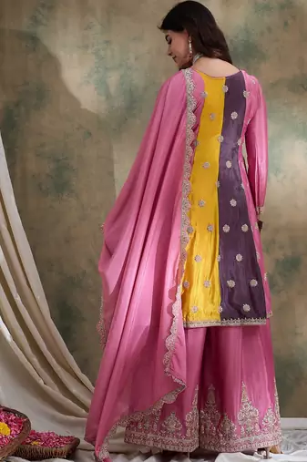 pink chinon  top with bottom and chinon dupatta 3/4 sleeve embroidered flared top