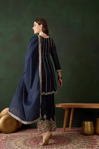blue chinon  flared top with bottom & dupatta