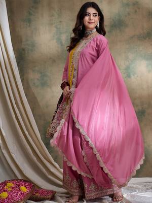 pink chinon  top with bottom and chinon dupatta 3/4 sleeve embroidered flared top 3