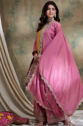 pink chinon  top with bottom and chinon dupatta 3/4 sleeve embroidered flared top