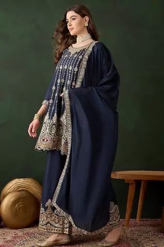 blue chinon  flared top with bottom & dupatta