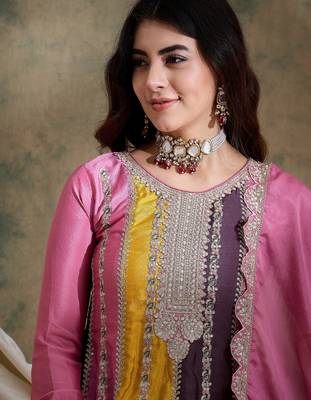 pink chinon  top with bottom and chinon dupatta 3/4 sleeve embroidered flared top 4