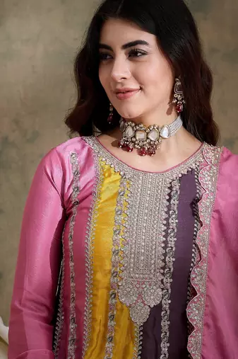 pink chinon  top with bottom and chinon dupatta 3/4 sleeve embroidered flared top