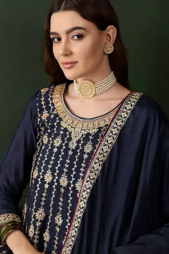 blue chinon  flared top with bottom & dupatta