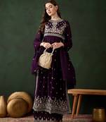 purple faux georgette  top with bottom and dupatta full sleeve embroidered straight kurta