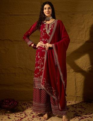 maroon faux georgette   straight kurta with bottom & dupatta 1