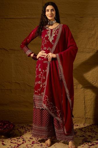 maroon faux georgette   straight kurta with bottom & dupatta