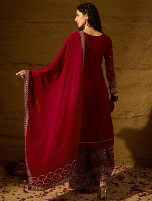 maroon faux georgette   straight kurta with bottom & dupatta 2