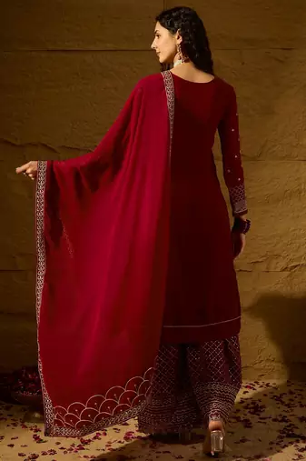 maroon faux georgette   straight kurta with bottom & dupatta