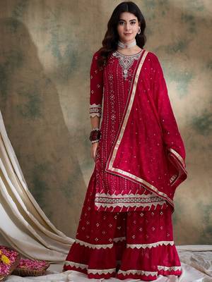 pink faux georgette  straight kurta with bottom & dupatta 1