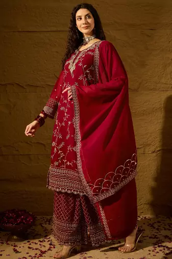 maroon faux georgette   straight kurta with bottom & dupatta