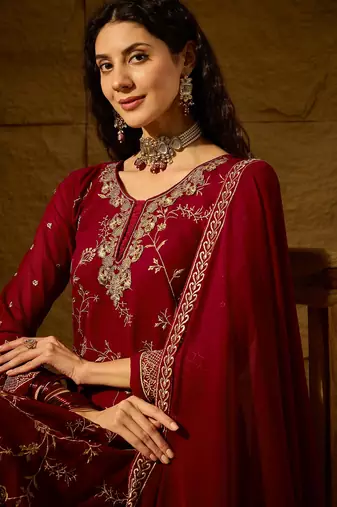 maroon faux georgette   straight kurta with bottom & dupatta