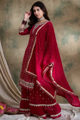 pink faux georgette  straight kurta with bottom & dupatta